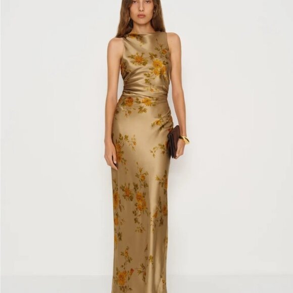 NEW Reformation Anaiis Silk Long Dress Poet Brown Tan Floral | US 4 UK 8 - Picture 8 of 13
